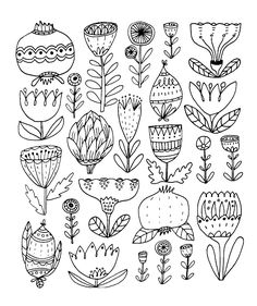 a coloring page with flowers and plants