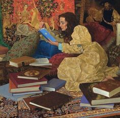 a painting of a woman sitting on a couch with many books in front of her