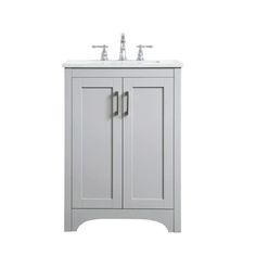 a white bathroom vanity with two faucets on the sink and one door open