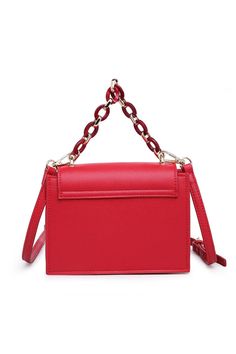 - Crossbody Bag- Textured Vegan Leather- Red- Closure: Magnetic Snap- Square Shape- Acrylic Red Tortoise Handle, Drop: 4"- Detachable Additional Shoulder Strap, 22.25"-24.75"- Gold Hardware- Envelope Shape Front- Inside: Fabric Lines, 2 Card Slots- Dimensions: 7.5" L x 2" W x 6.25" H Cheap Red Box Bag With Removable Pouch, Red Crossbody Bag, Red Crossbody, Square Shape, Gold Hardware, Tortoise, Card Slots, Vegan Leather, Slots