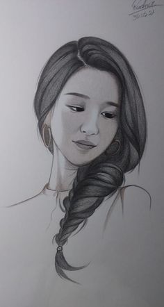 a drawing of a woman with long hair and braids on her head, looking to the side