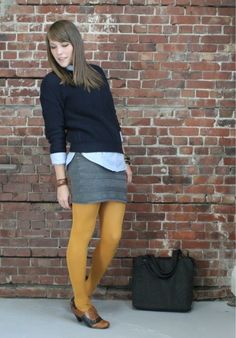 Mustard,Gray,Navy Mustard Tights Outfit, Herringbone Skirt, Navy Dress Outfits, Yellow Outfits, Mini Skirt Fashion