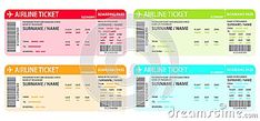 four different airline tickets with the names and numbers on each one side, including an airplane ticket