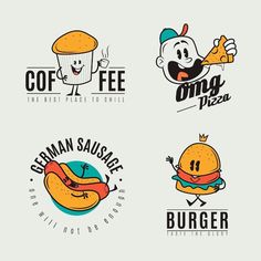 four different logos for burgers, including one with a hamburger and the other with a hot dog