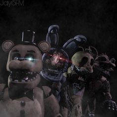 five creepy looking teddy bears with glowing eyes and headgear, standing in front of a black background