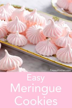 pink meringue cookies on a plate with text overlay