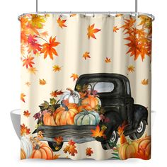 an old truck with pumpkins and gourds in the bed shower curtain set