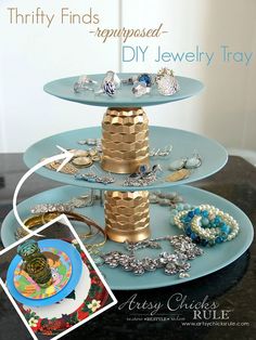 a three tiered tray with jewelry on it and the words thrift makeovers repurposed swap it like it's hot