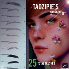 an image of some fake eyebrows with flowers on them and the words tazopie's eyebrow set 25 total brushes