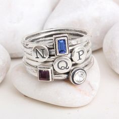 Personalized Mothers Rings Sterling Silver Stacking Custom Rings With Birthstones, Mothers Rings, Rings Birthstone, Initial Rings, Stackable Birthstone Rings, Mothers Ring, Stacked Wedding Rings, Design Your Own Ring, Birthstone Rings