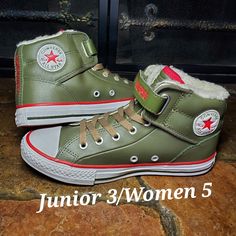 New Converse All-Star Chuck Taylor Boots Sneaker Shoes. These Are Olive/Military Green With Red Accents. The Inside Has A Warm Fleece Fuzzy Lining, Great For The Cold Fall Winter Season. New Junior 3 Men 3 Women 5 Smoke-Free Home. Bundle And Save I Have Many Other Converse Shoes Listed On My Page. Please Take A Look :) Green Winter Sneakers With Round Toe, Green High-top Sneakers For Winter, Chuck Taylor Boots, Pink Glitter Converse, Converse Chuck Taylor Black, Chuck Taylor Black, Glitter Converse, Black High Top Shoes, Converse Red