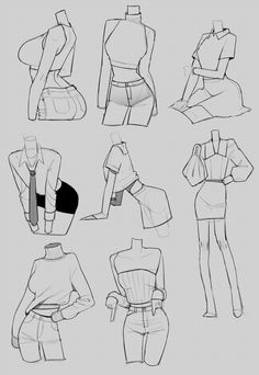 some sketches of people in different poses and body shapes, with their hands on their hipss