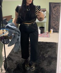 dickies, black top, harness, doc martens Doc Martens All Black Outfit, Dickies And Doc Martens, Doc Martens Harness, Black Skirt Docs Outfit, Black Platform Doc Martens, Platform Black Doc Martens, Harness Outfit, Dickies Outfit, Goth Outfit Ideas