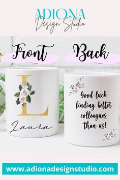 two personalized coffee mugs with the names of their initials and letters on them