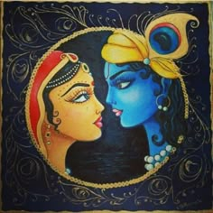 an artistic painting of two women with blue and yellow makeup on their faces, one is kissing the other's forehead