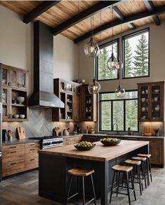 a large kitchen with wooden cabinets and an island in front of the stove top oven