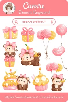 a set of cartoon animals with pink bows and balloons in the shape of gifts for children's birthdays