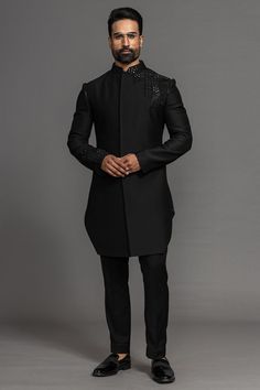 Buy Black Cutdana Embroidered Italian Kurta Online | Samyakk Indian Wedding Outfits For Men, Sangeet Outfit For Men, Menswear Indian, Party Dress Ideas, Black Sherwani, Mens Party Wear, Mens Indian Wear