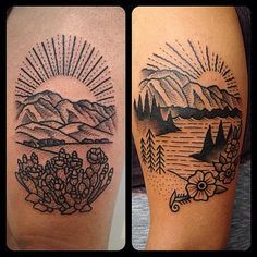 two pictures of tattoos with mountains in the background and flowers on the left side of the arm