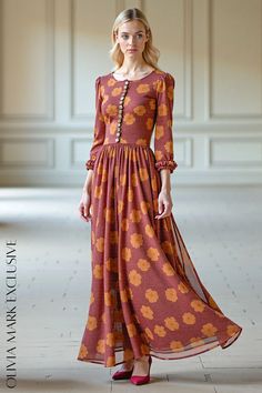 Olivia Mark - Elegant Rust Floral Midi Dress with Button Detail and Ruffled Sleeves Rich Burgundy, Flowing Skirt, Ruffled Sleeves, Center Stage, Floral Midi Dress, Olivia Mark, Fitted Bodice, Button Detail, Elegant Dresses