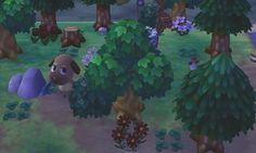 an animal crossing through a forest with lots of trees and flowers in the foreground