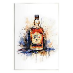 a painting of a bottle of whisky on a white background with watercolor splashes