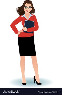 a woman in business attire holding a binder and standing with her hands on her hips