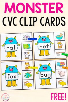 monster cvc clip cards with the text free