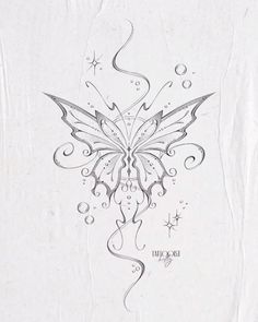 a drawing of a butterfly with swirls and stars on it's back side