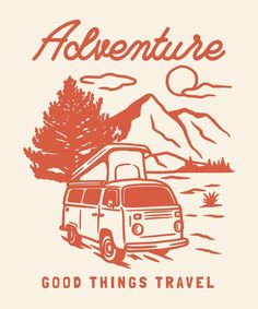 Campervan outdoor adventure hand drawn line adventure illustration Logo Badge Adventure Illustration Exploring, Campervan Illustration, Outdoor Logo Design, Caravan Logo, Coffee Shack, Van Illustration, Adventure Illustration, Van Logo, Camp Shirt Designs