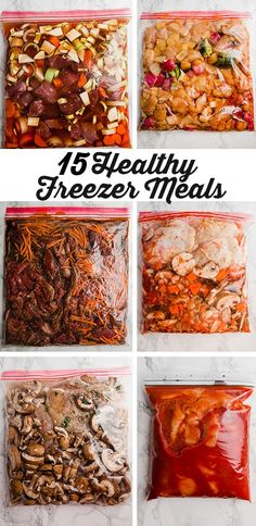 six images showing different types of freezer meals in plastic bags with text overlay that reads, 15 stealthly freezer meals