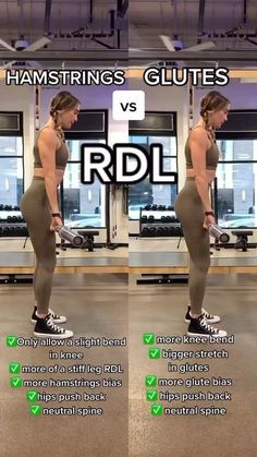 a woman standing on top of a pair of dumbs with the words hamstrings glutes vs rdl