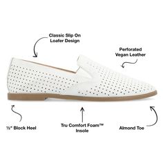 This sophisticated look is detailed with our signature 4mm Tru Comfort Foam� footbed for all-day support. The Lucie by Journee Collection is a loafer flat elevated by a 1/2 inch block heel. Vegan leather uppers twin notches at the sides and round perforations finish the design. At Journee Collection our flat styles will have you looking just as professional as the boss at work to having the cutest shoes when you go out for the night. White Slip-ons With Perforations, White Perforated Slip-on Shoes, White Perforated Slip-ons, White Slip-on Loafers With Perforated Toe Box, Classic Slip-ons With Perforated Toe Box, White Slip-on Flats With Perforated Toe Box, White Slip-on Loafers With Cushioned Footbed, White Cushioned Slip-on Loafers, White Flats