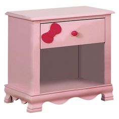 a pink nightstand with a red heart on the top and bottom drawer, in front of a white background