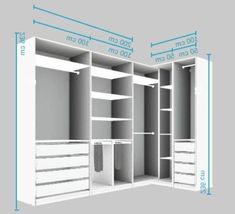 an image of a closet with measurements for the drawers and shelves on each side,