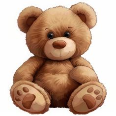 a brown teddy bear sitting up against a white background