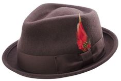 Neatify Collection: Men's Brown Bogart Stingy Brim Fine Wool Felt Teardrop Dent Hat H-54   100% Wool.    SOPHISTICATED VINTAGE STYLE – Eye-catching wool teardrop dent hat. Stylishly trimmed with coordinating grosgrain ribbon and brightly colored feather accent. Features the Montique symbol inside the crown of the hat.    VERSATILE STYLE FOR ANY OCCASION - The teardrop dent style adds polish to your dressier looks. Or, gives some extra personality to a more casual shirt and jeans combo. The snap brim can be worn up all around or turned down in front to create different looks depending on the occasion and outfit.    DURABLE CONSTRUCTION TO LAST – High quality soft wool felt hat with no lining is comfortable to wear. Built-in sweatband for added comfort, sweat protection, and lasting use. Woo Mens Felt Hat, Classy Hats, Mens Hats Fashion, Big Women Fashion, Hat Fedora, Coloured Feathers, Mad Hatters, Fall Hats, Dress Hats