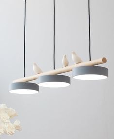 three birds are sitting on a branch suspended from the ceiling with four lights above them