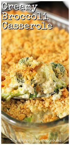 broccoli casserole in a glass dish with a spoon