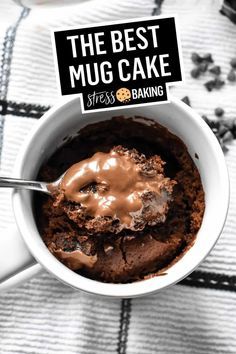 the best mug cake is in a cup with a spoon