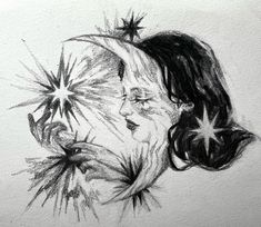 a drawing of a woman's face with stars coming out of her hair and eyes