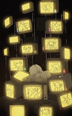 a woman laying on top of a pile of tvs