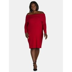 Elevate your wardrobe with Terra & Skys Off the Shoulder Sweater Dress. This plus size womens ribbed sweater dress offers a captivating blend of cozy-comfort and everyday sophistication. An effortlessly chic and timeless silhouette ideal for chilly temps, this long-sleeve sweater dress features a flattering fold-over off the shoulder neckline and curve-flattering fit thats perfect for both casual outings and special occasions. Only at Walmart. Size: 2X.  Color: Red.  Gender: female.  Age Group: adult. Off The Shoulder Sweater Dress, Nylon Dress, Ribbed Sweater Dress, Off The Shoulder Sweater, Plus Size Womens, Long Sleeve Sweater Dress, Red Outfit, Ribbed Sweater, Shoulder Sweater