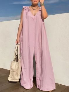 Loose Sleeveless Pleated Solid Color Zipper V-Neck Jumpsuits BLUE-XL Art Sewing, Stylish Jumpsuit, Solid Color Jumpsuits, Reindeer Headband, Leisure Fashion, Pink Jumpsuit, Green Jumpsuit, Daily Dress, Fashion Seasons