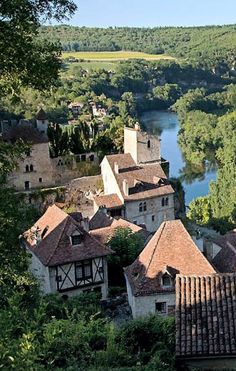 an aerial view of some old buildings in the middle of a river and trees surrounding them