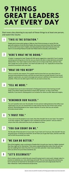 a green poster with the words 9 things great leaders say every day