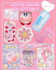 an assortment of items are displayed on a pink background