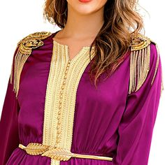 Inspired by the fashions of the Middle East, our Elegant Satin Kaftan Dress is a dreamy piece perfect for formal occasions. Made with a luxurious silky satin fabric, this dress features tasseled shoulder embellishments, a beautifully gathered full-length skirt, and a dainty waist tie. Wear with gold heels and matching jewelry for a fabulous look. Full Length Skirts, Gold Heels, Matching Jewelry, Kaftan Dress, Waist Tie, Formal Occasion, Satin Fabric, Elegant Dresses, Full Length