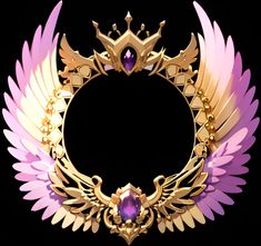 a purple and gold crown with wings around it