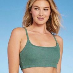 Brand New With Tags! Casual Green Top For Pool, Green Bra Friendly Beach Top, Green Seamless Crop Top For The Beach, Seamless Green Crop Top For The Beach, Beach-friendly Green Crop Top, Green Seamless Top For Beach Season, Green Seamless Tops For Beach Season, Casual Cropped Swimwear For Poolside, Seamless Green Top For Vacation